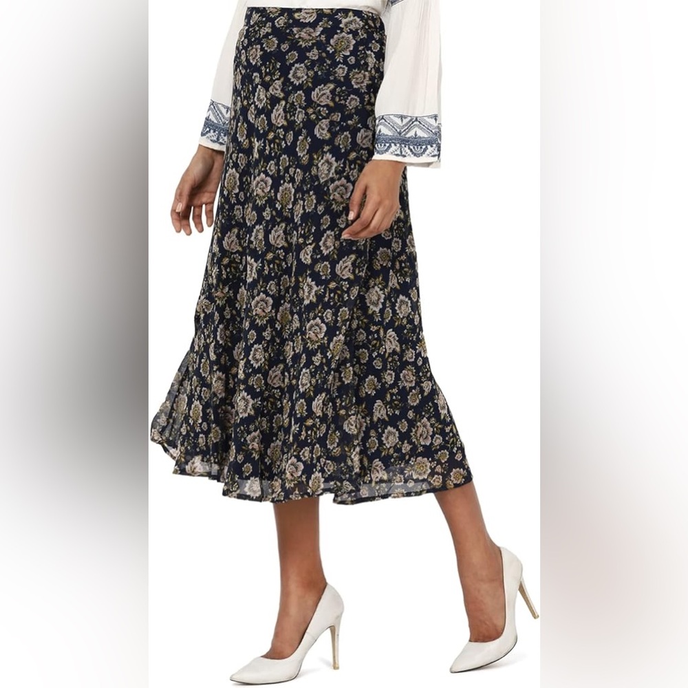 American Eagle Navy Floral Chiffon Fit and Flare Skirt XXL